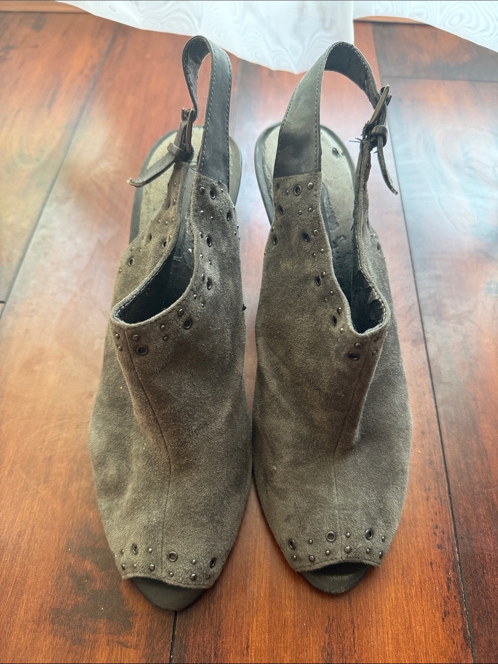 Bandolino Olive Suede Open-Toe Slingback Mules with Stud Accents